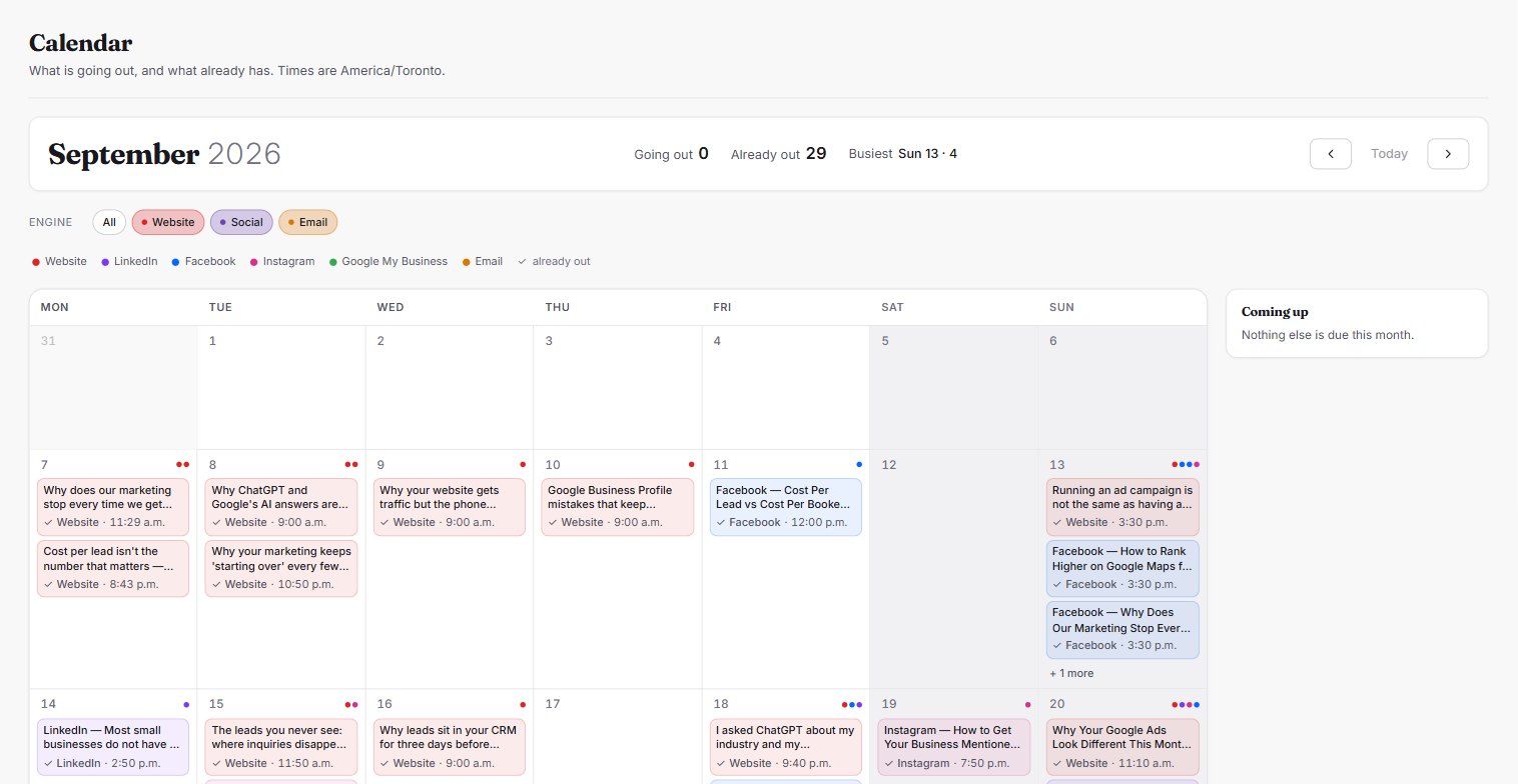The Cadence calendar for September 2026: twenty-nine pieces already out and colour-coded by channel &mdash; website articles, LinkedIn, Facebook, Instagram, Google My Business and email &mdash; with filters for each engine above the month.