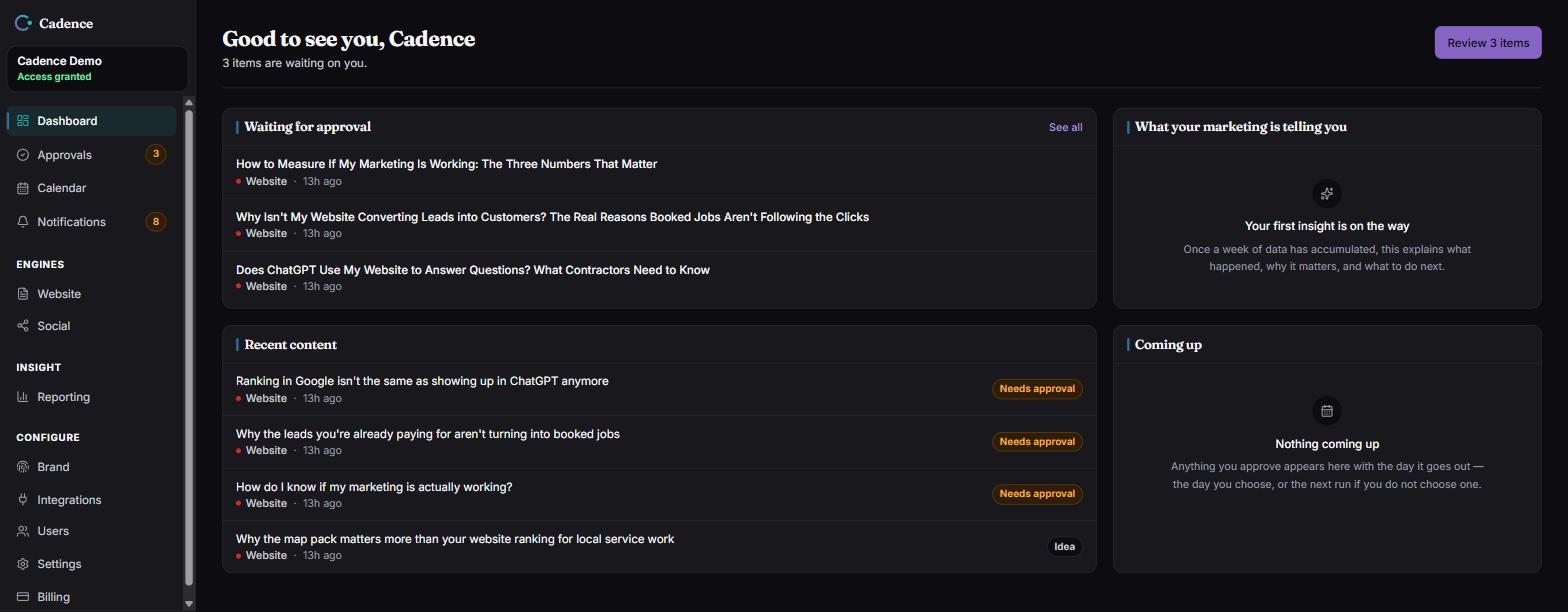 The Cadence dashboard. A sidebar lists Dashboard, Approvals, Calendar and
                        Notifications, then the engines — Website and Social — then Reporting. The
                        main panel reads &ldquo;3 items are waiting on you&rdquo; above a list of
                        three articles waiting for approval, and a second list of recent content
                        with three pieces marked &ldquo;Needs approval&rdquo; and one marked
                        &ldquo;Idea&rdquo;.