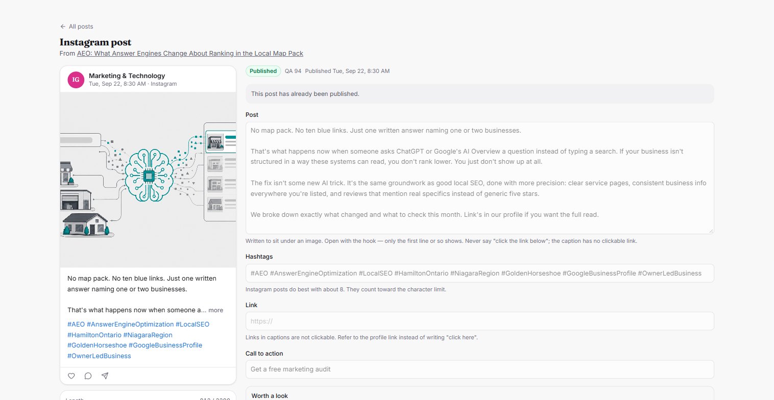 An Instagram post in Cadence, shown the way it will appear: the illustration Cadence made for it, the caption, and eight hashtags. Beside it, the post text written for Instagram, a note that the caption carries no clickable link, the hashtag field, the call to action, and a quality score of 94. It is marked Published on Tuesday, September 22.